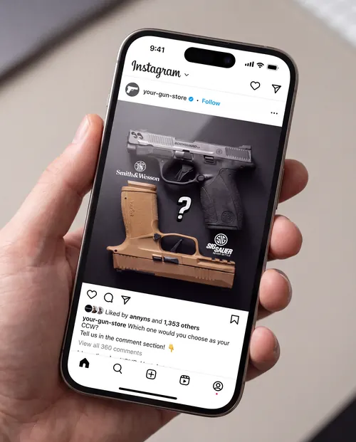Exemple de publication Instagram demandant aux abonnés quel pistolet ils choisiraient