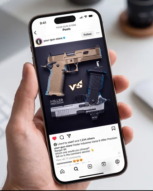 Exemple de publication Instagram comparant deux pistolets et demandant lequel choisir