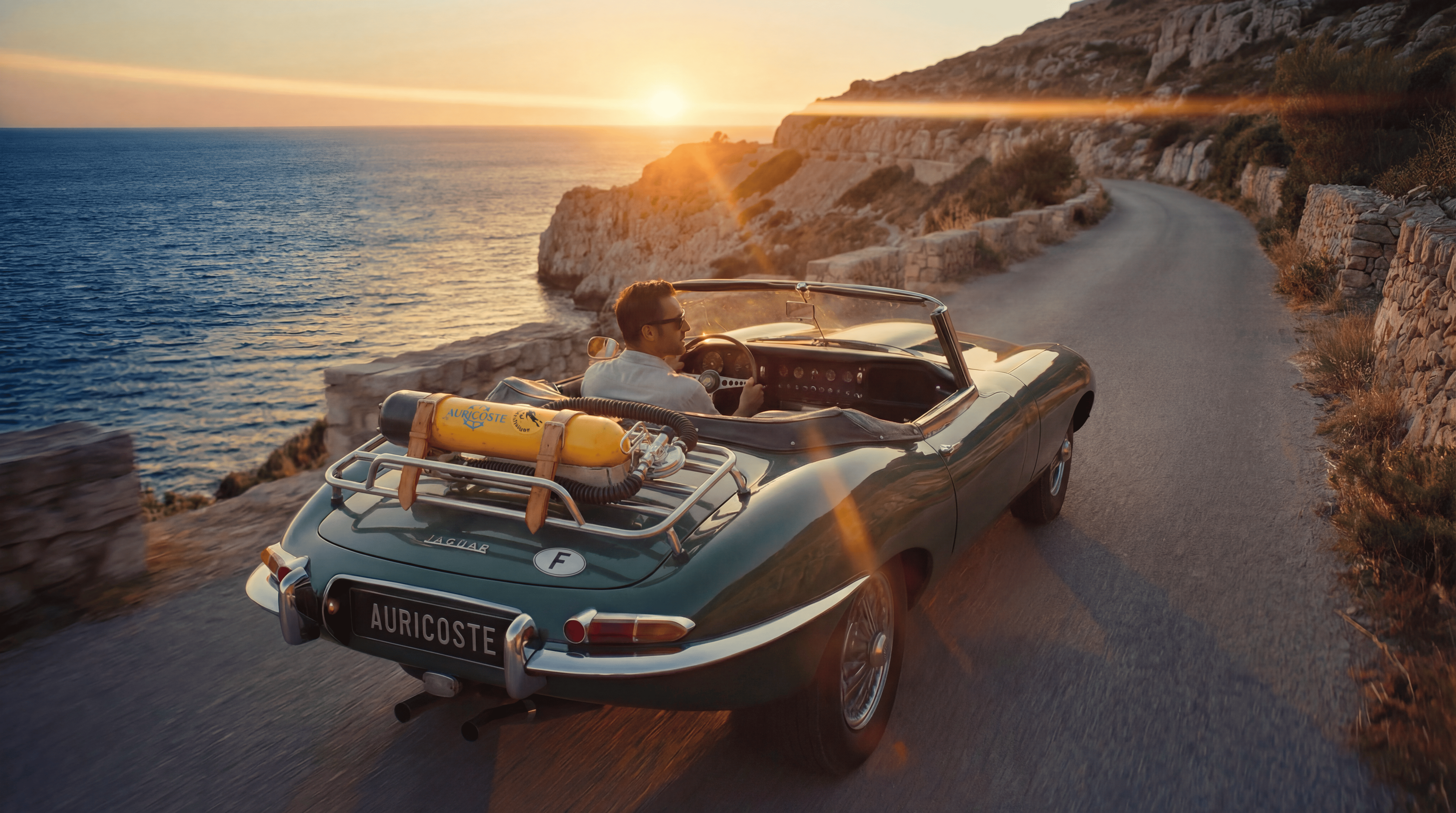 Cabriolet au coucher de soleil, bouteille de plongée Spirotechnique